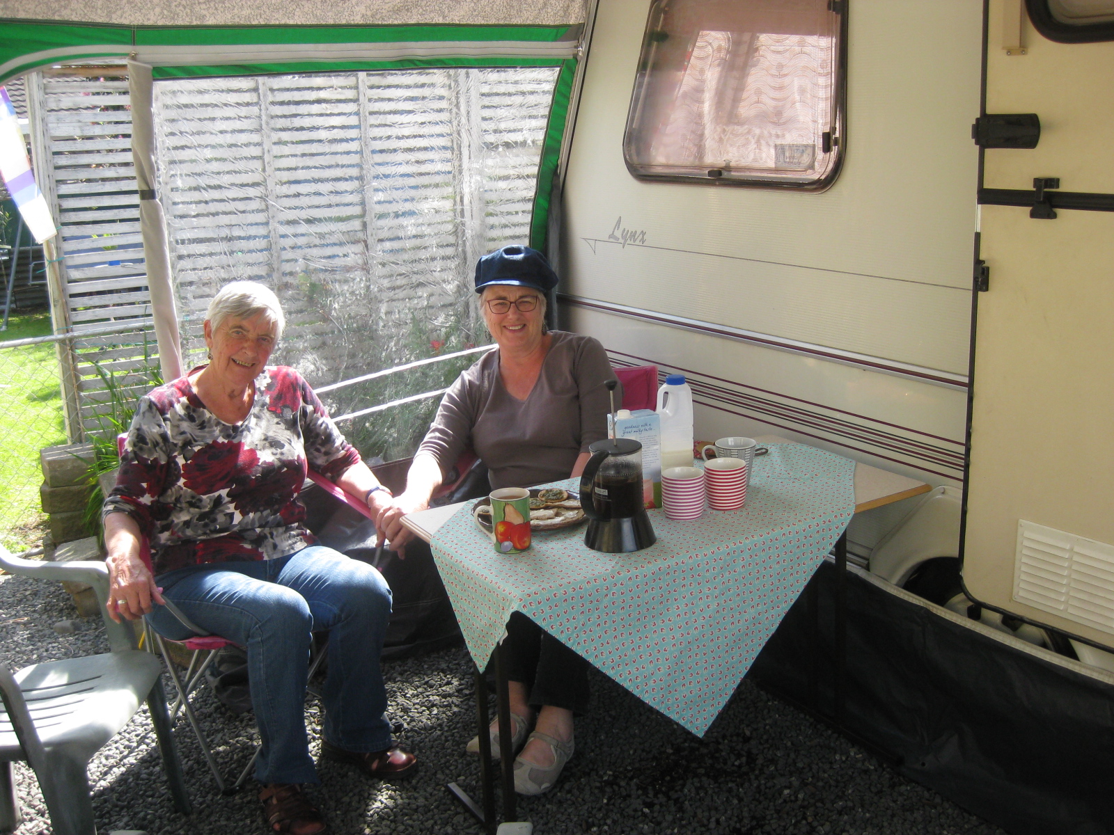 Happy in the shade of the newly erected awning